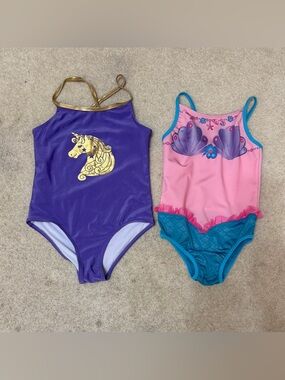 Purple Gold Unicorn One-Piece Swimsuit & Pink Teal Mermaid One-Piece Set 7/8Y